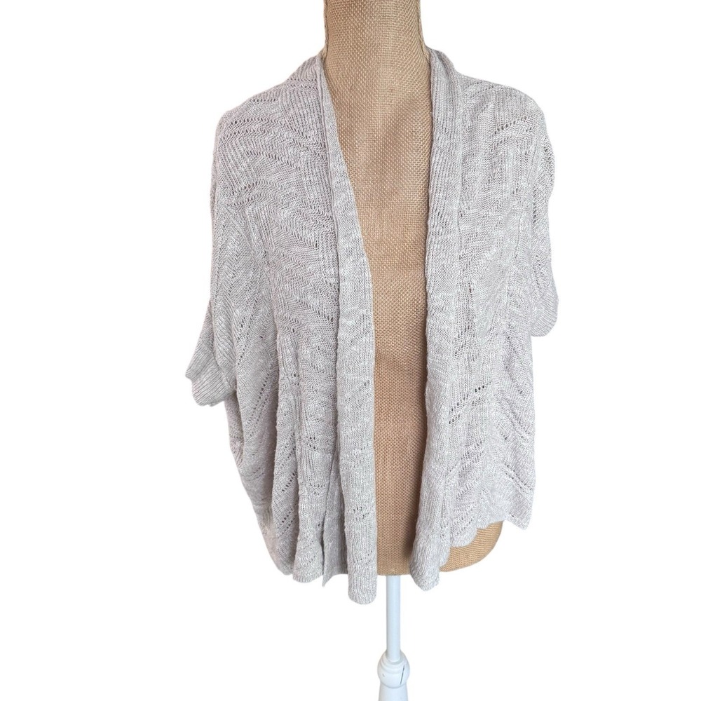 Eileen Fisher Linen Blend Open Front Cardigan Oatmeal Pointelle Knit XS Womens